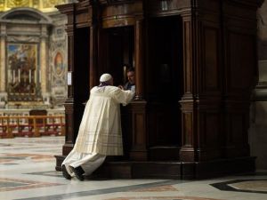 Holy Pontiff Francis showing true shrift by giving confession before himself hearing other penitents. 